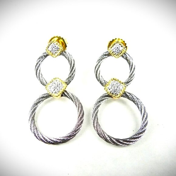 ALOR 18K Gold Stainless Steel Classique Diamond Pave Double Hoop Drop Earrings - Picture 5 of 10